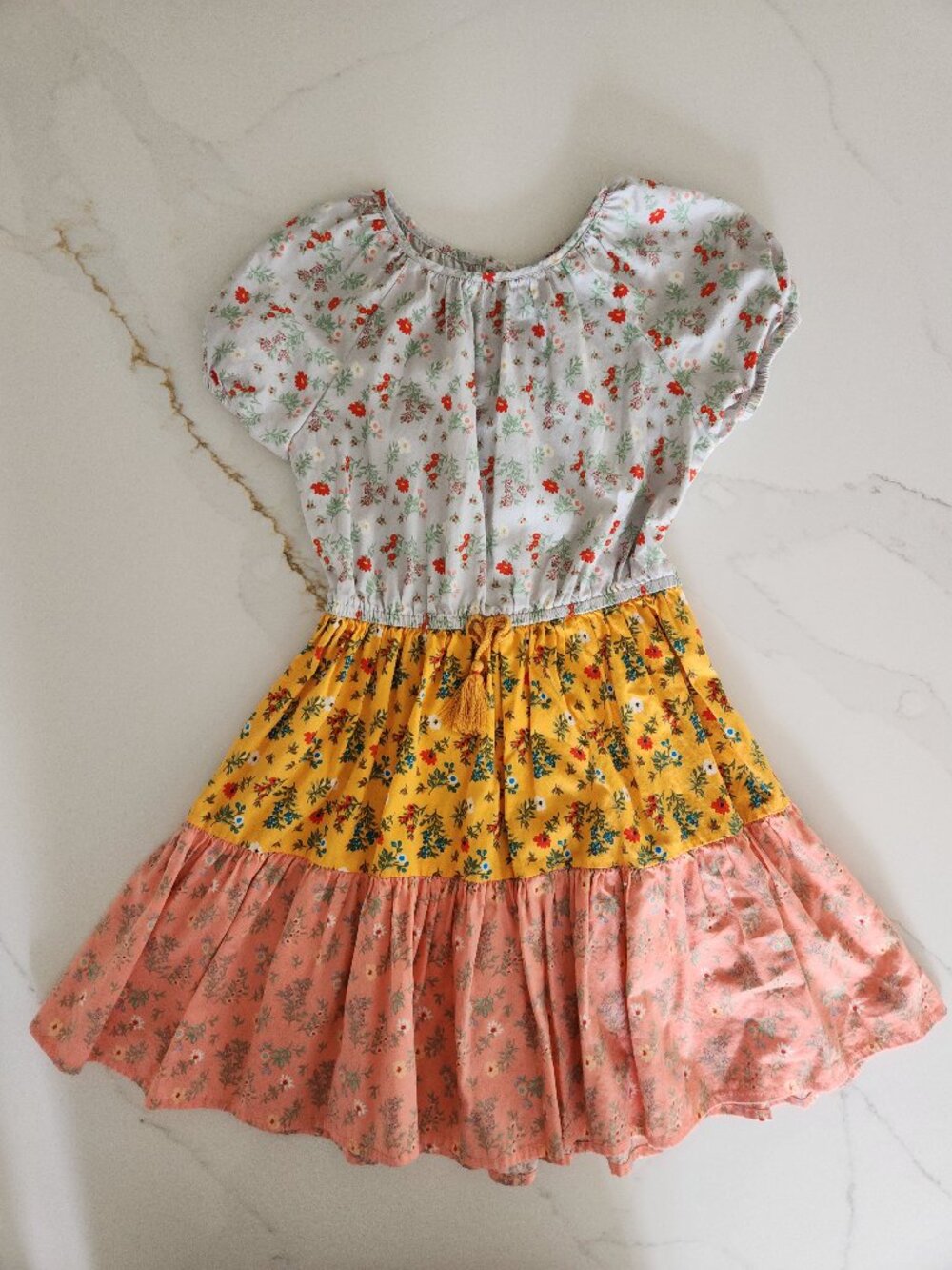 Peek Girls Floral Colorblock Tiered Dress - Yellow, Pink & Light Blue